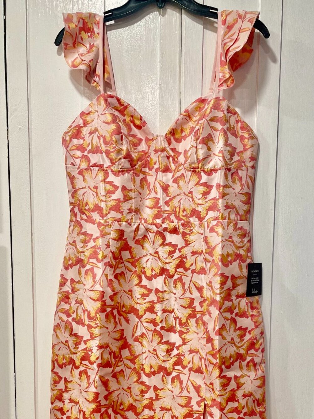 NWT Lulus Orange & Yellow Floral Bustier Fully Lined Midi Dress Hidden Zipper